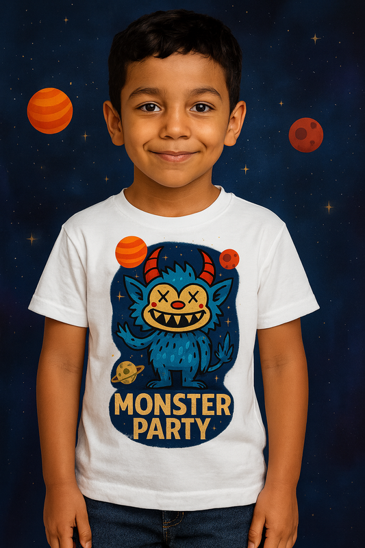 Детска тениска Monster Party бяла — свободна кройка | SatModa