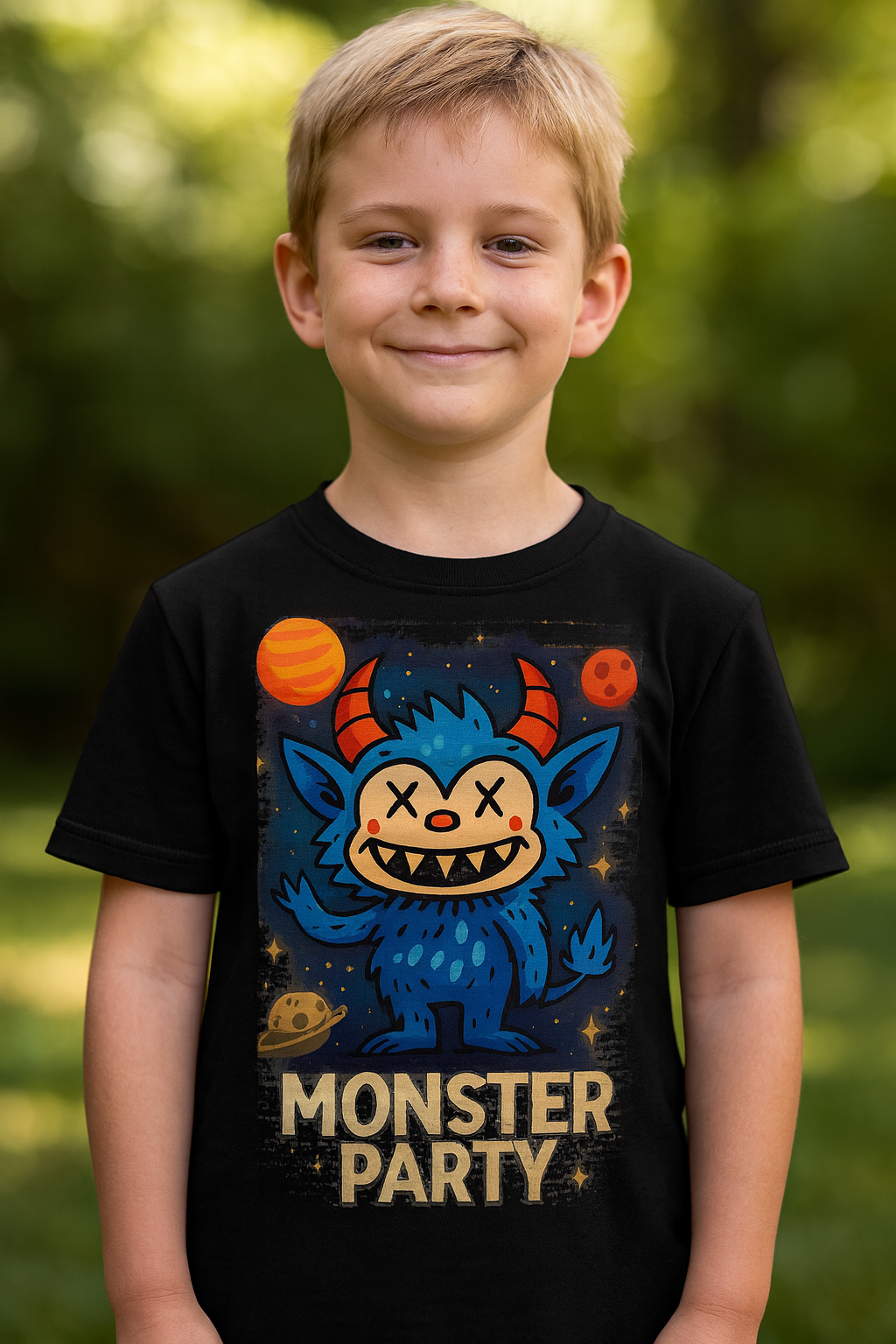 Детска тениска Monster Party черна— свободна кройка | SatModa