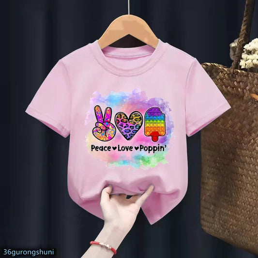 Детска тениска Peace Love Poppin розова — унисекс | SatModa