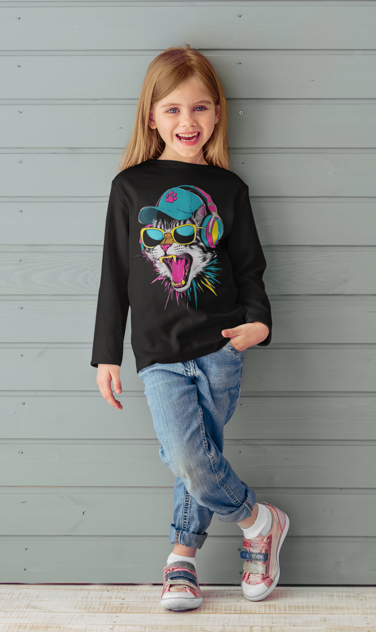 Детска блуза Music Cat — черна, 100% памук, размери 3-4г. до 11-12г. | SatModa
