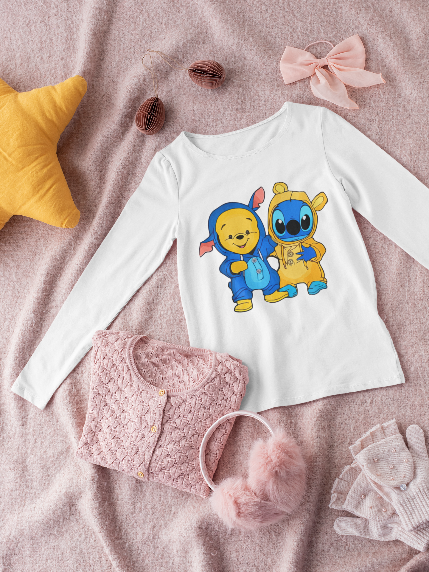 Детска блуза Stitch and Pooh — бяла, 100% памук, размери 3-4г. до 11-12г. | SatModa
