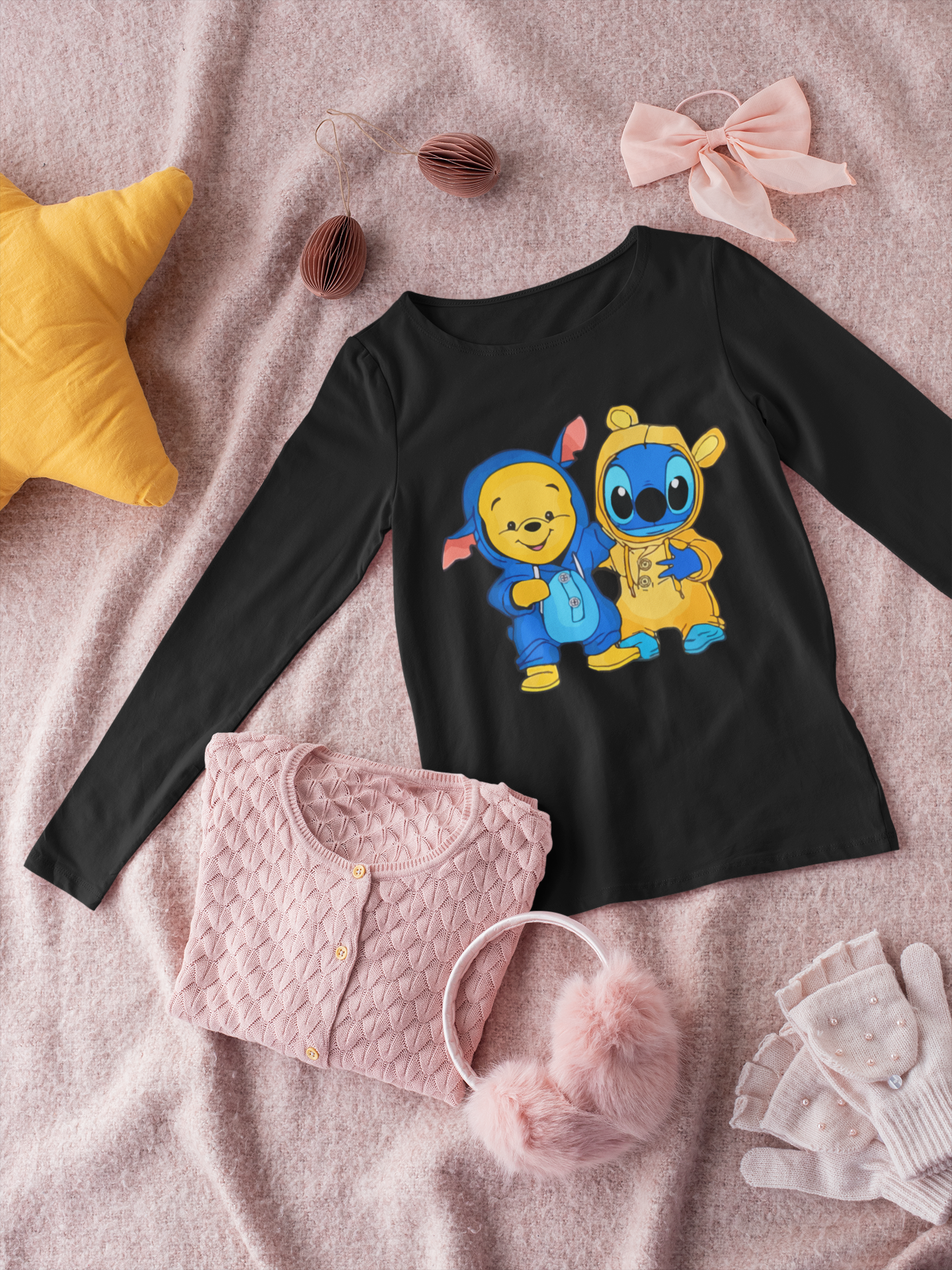 Детска блуза Stitch and Pooh — черна, 100% памук, размери 3-4г. до 11-12г. | SatModa
