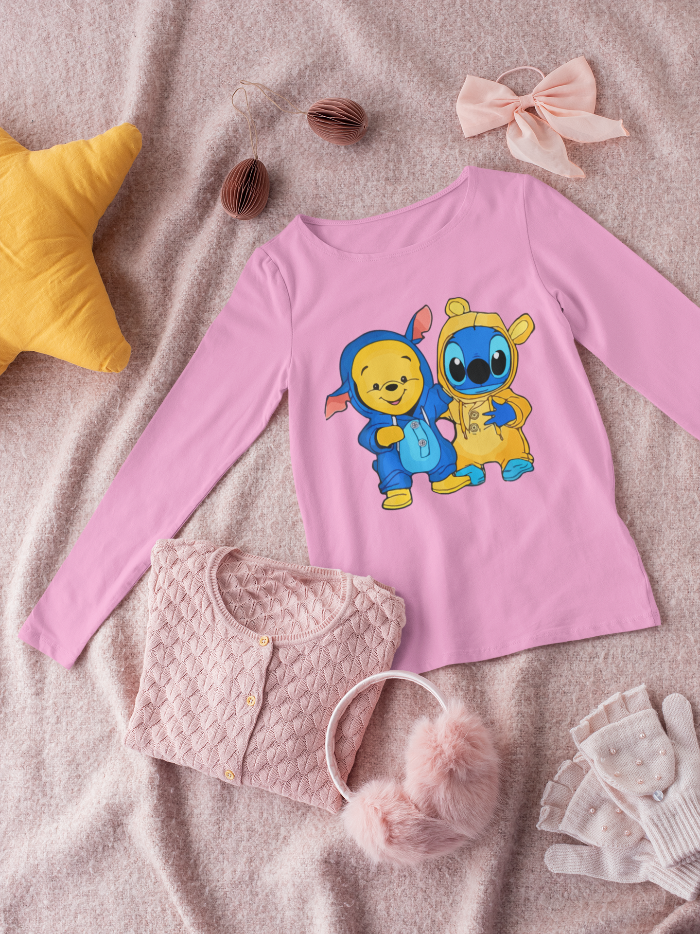 Детска блуза Stitch and Pooh — розова, 100% памук, размери 3-4г. до 11-12г. | SatModa
