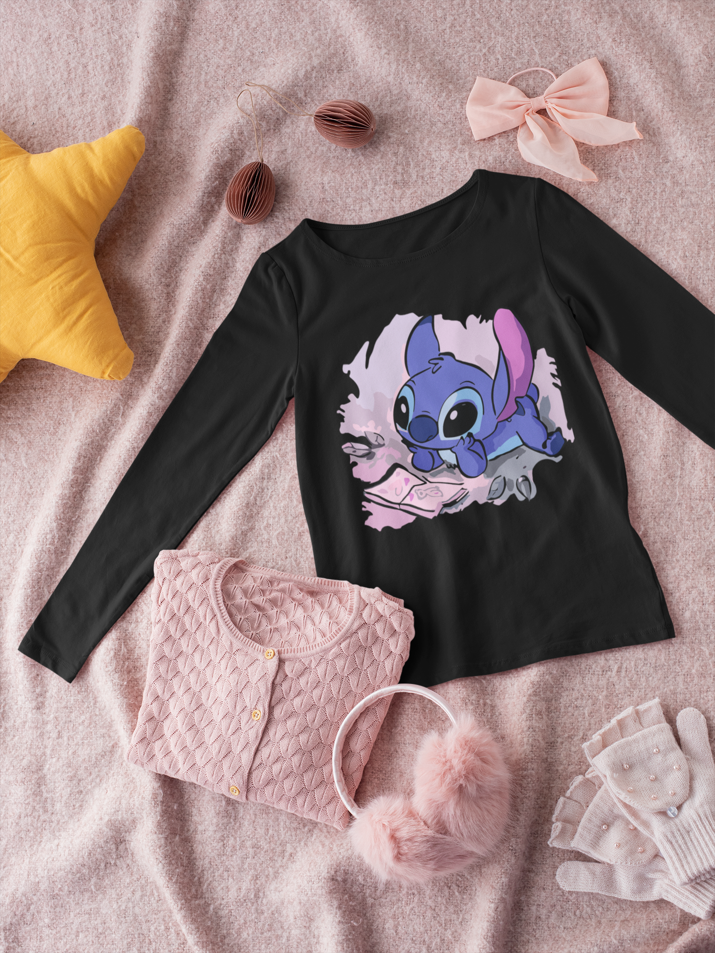 Детска блуза Stitch Reads — черна, 100% памук, размери 3-4г. до 11-12г. | SatModa

