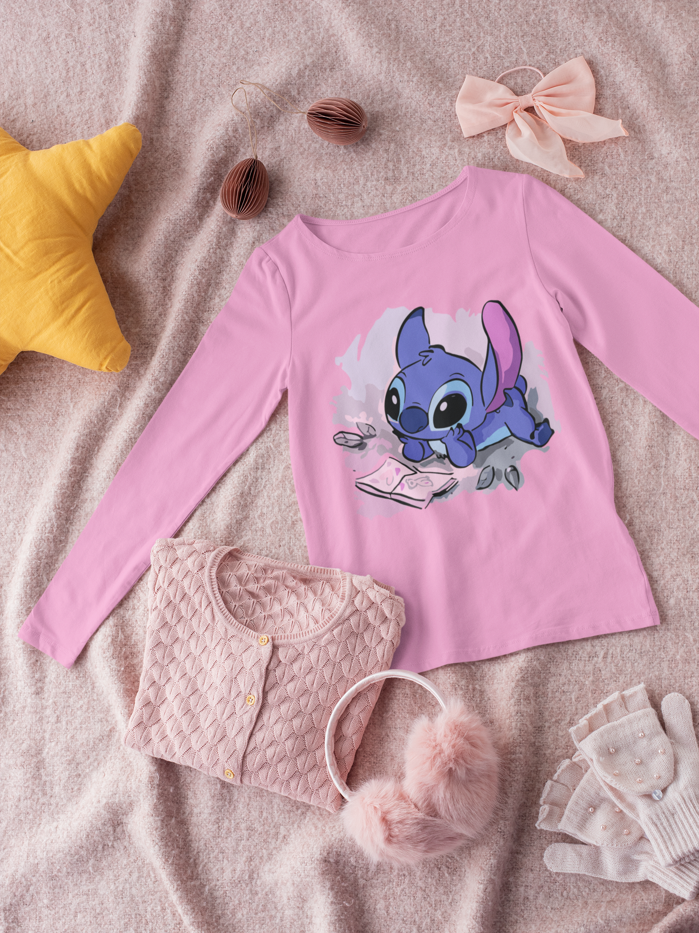 Детска блуза Stitch Reads — розова, 100% памук, размери 3-4г. до 11-12г. | SatModa
