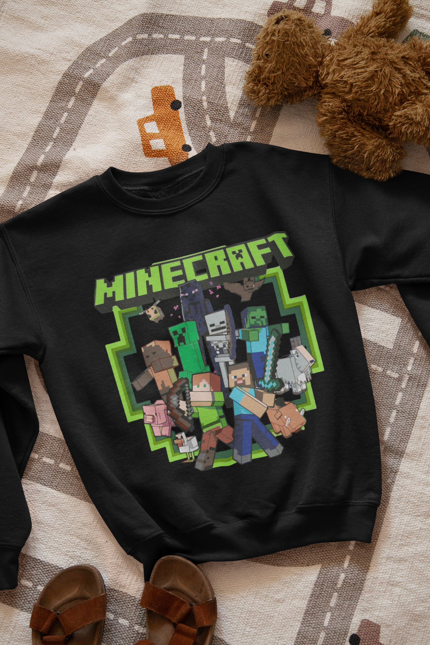 Ватирана детска блуза Minecraft Band — черно, 100% памук, размери 4-16г. | SatModa

