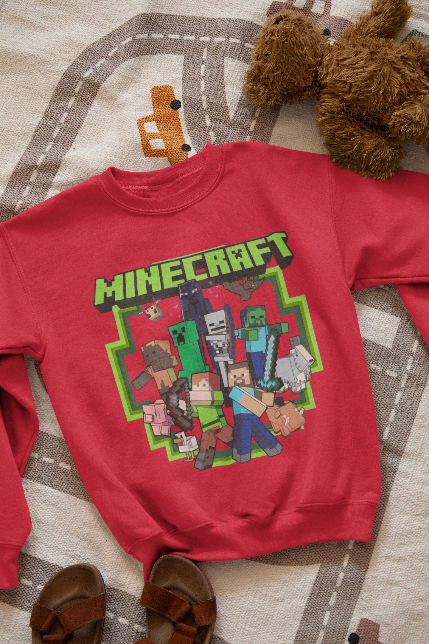 Ватирана детска блуза Minecraft Band — червено, 100% памук, размери 4-16г. | SatModa
