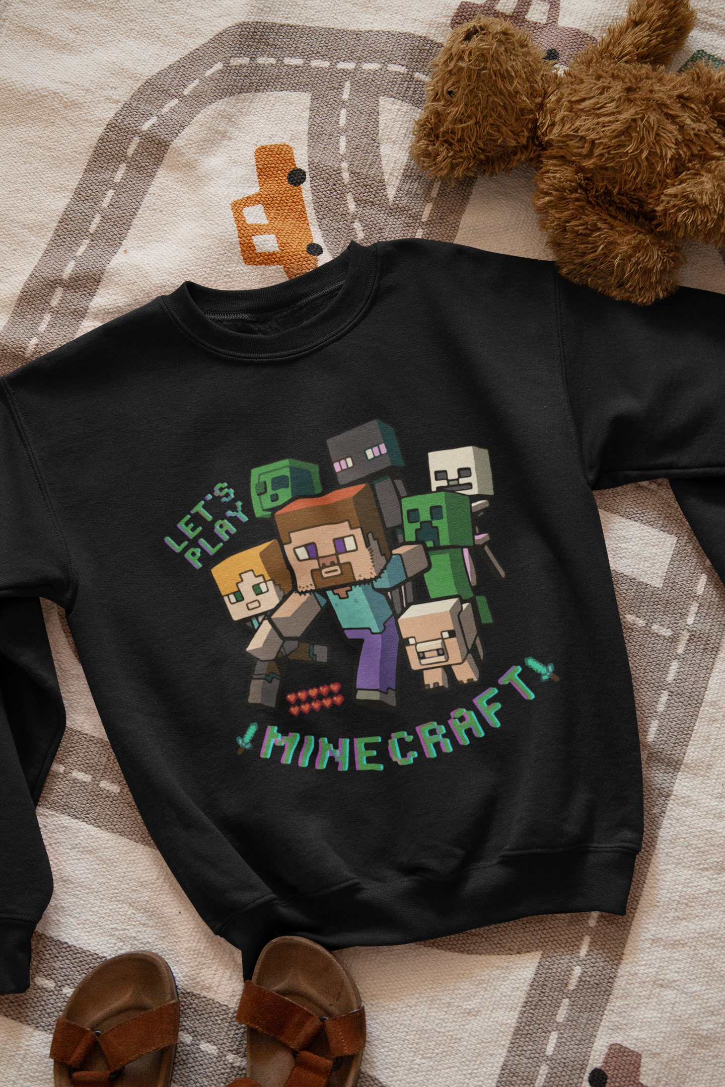 Ватирана детска блуза Minecraft Play — черно, 100% памук, размери 4-16г. | SatModa
