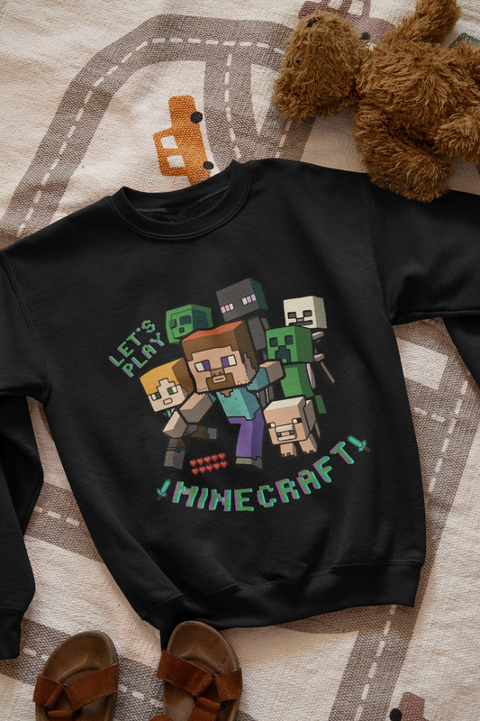 Ватирана детска блуза Minecraft Play — черно, 100% памук, размери 4-16г. | SatModa
