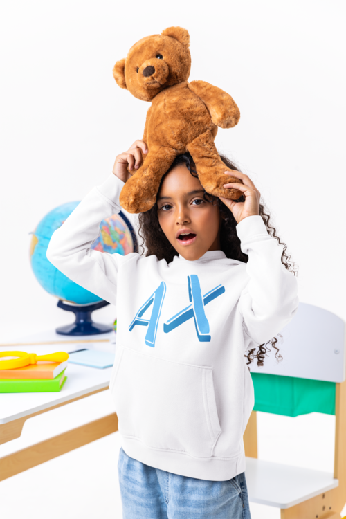 Детски суичър AX Blue бял — 100% памук, размери 7-9 г. до 14-16 г. | SatModa
