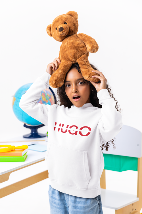 Детски суичър H Red бял — 100% памук, размери 7-9 г. до 14-16 г. | SatModa