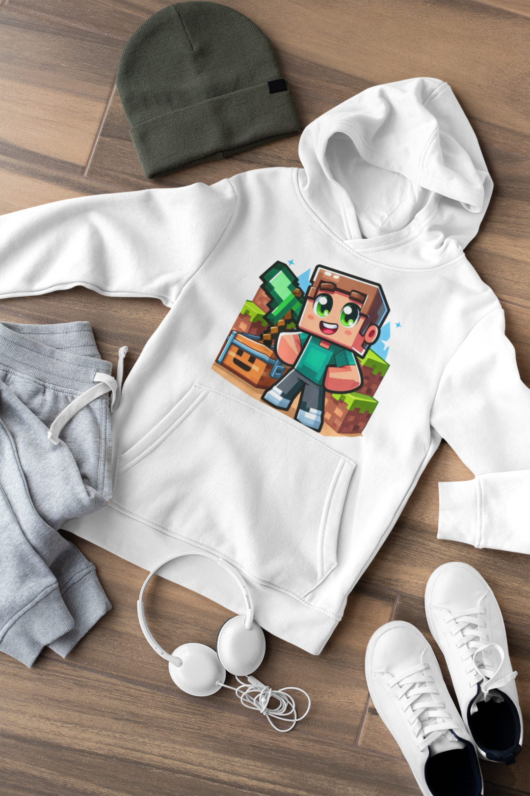Детски суичър Minecraft Stiv бял — 100% памук, размери 7-9 г. до 14-16 г. | SatModa