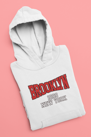 Детски суичър Brooklyn бял — 100% памук, качулка и кенгуру джоб, размери 8-9 г. до 14-16 г. | SatModa