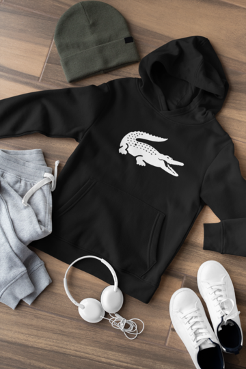 Детски суичър Crocodile черен — 100% памук, качулка и кенгуру джоб, размери 8-9 г. до 14-16 г. | SatModa