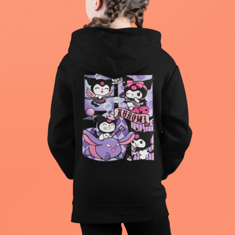 Детски суичър Kuromi черен — 100% памук, качулка и кенгуру джоб, размери 8-9 г. до 14-16 г. | SatModa