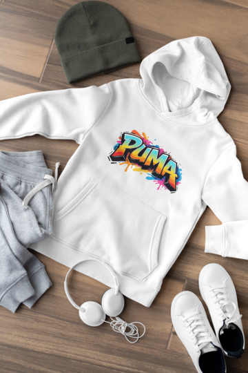 Детски суичър Puma Colore бял — 100% памук, качулка и кенгуру джоб, размери 8-9 г. до 14-16 г. | SatModa