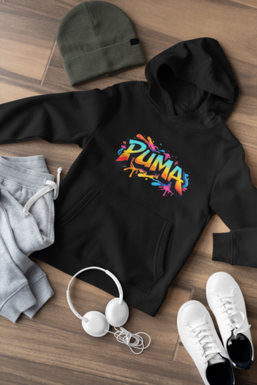 Детски суичър Puma Colore черен — 100% памук, качулка и кенгуру джоб, размери 8-9 г. до 14-16 г. | SatModa