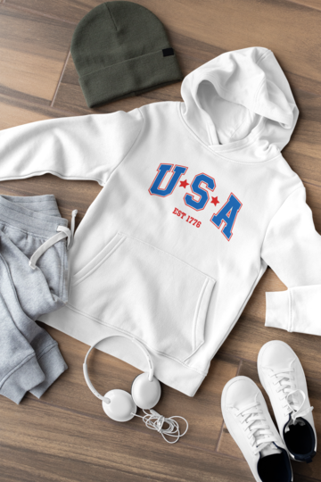 Детски суичър USA бял — 100% памук, качулка и кенгуру джоб, размери 8-9 г. до 14-16 г. | SatModa