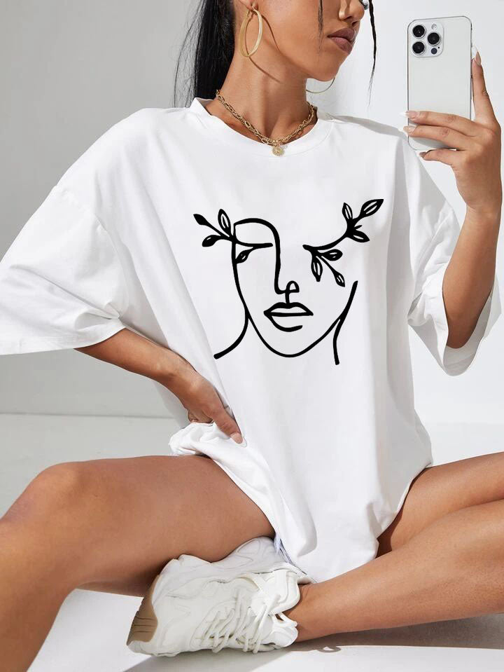Дамска тениска Oversize Face Leaves - Бяла