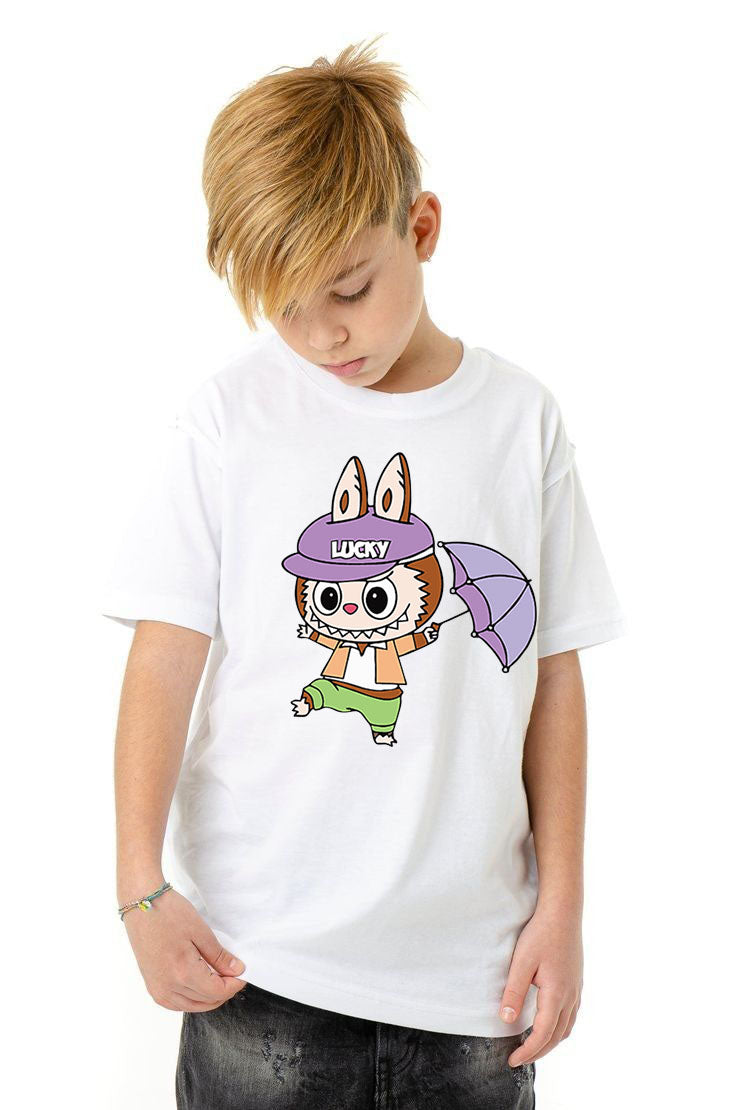 Детска тениска Lucky Labubu бяла — свободна кройка | SatModa