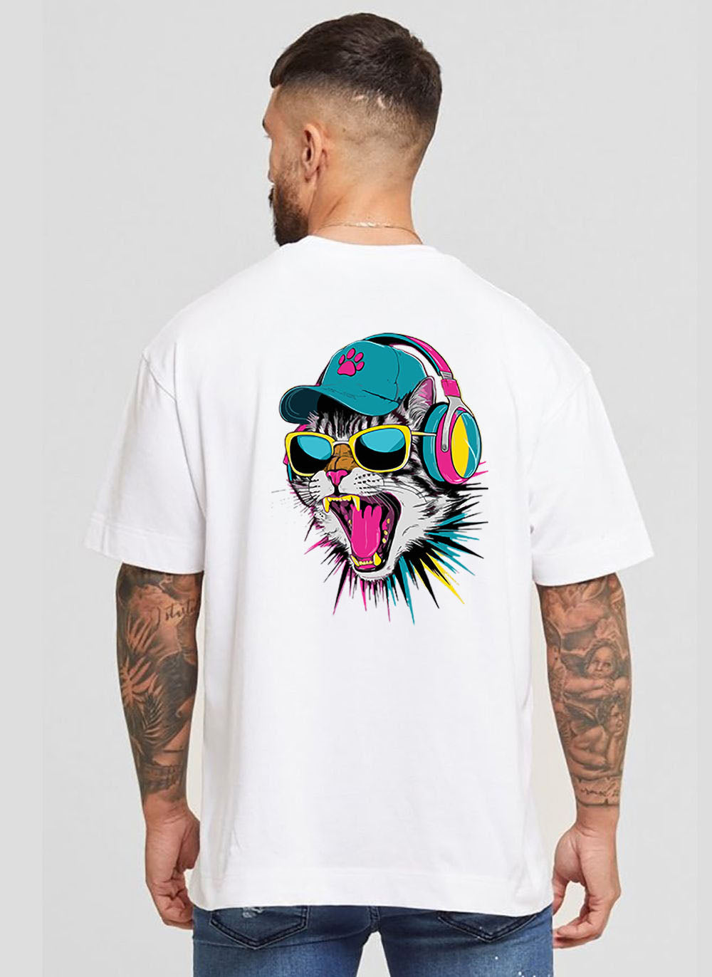 Мъжка тениска Oversize Cat Color — бяло, 100% памук, oversize кройка | SatModa