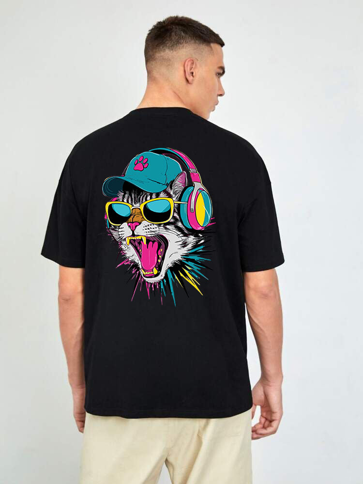 Мъжка тениска Oversize Cat Color — черно, 100% памук, oversize кройка | SatModa