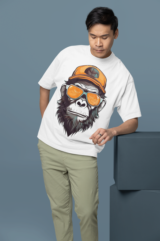 Мъжка тениска Oversize Cool Monkey — бяло, 100% памук, oversize кройка | SatModa