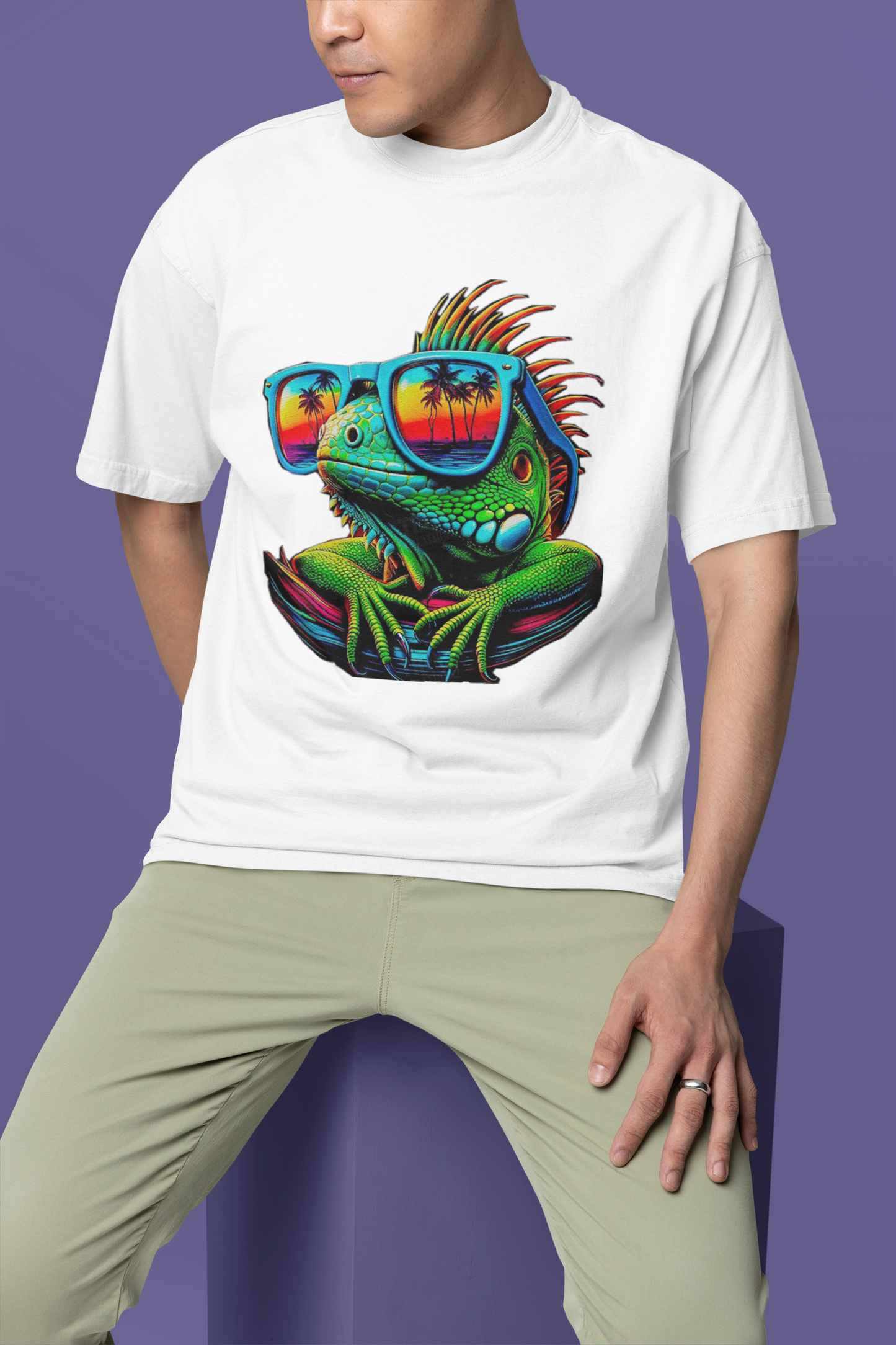Мъжка тениска Oversize Colorful Chameleon - Бяла