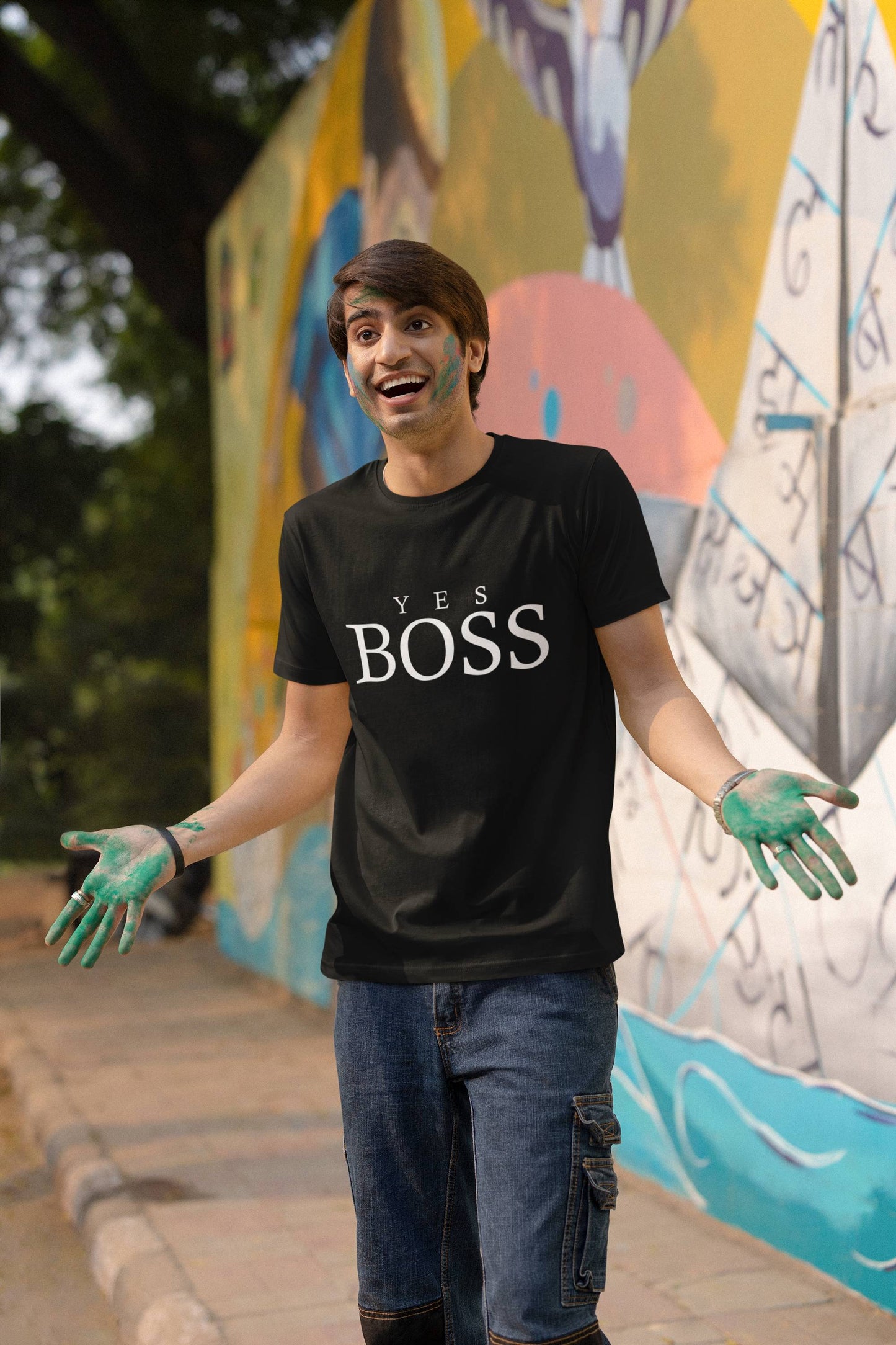 Мъжка тениска Yes Boss — черна, 100% памук, размери S-3XL | SatModa