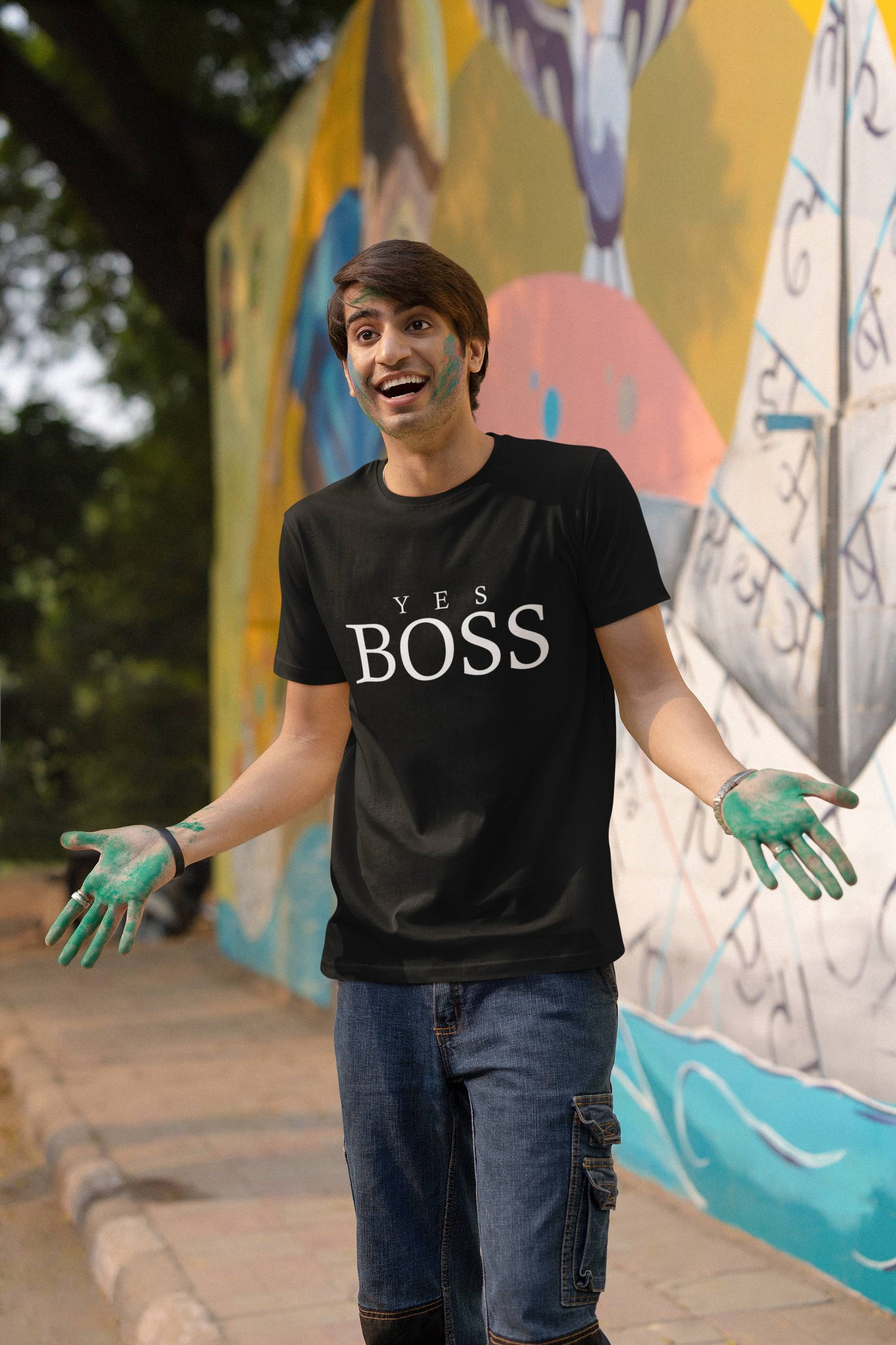 Мъжка тениска Yes Boss — черна, 100% памук, размери S-3XL | SatModa
