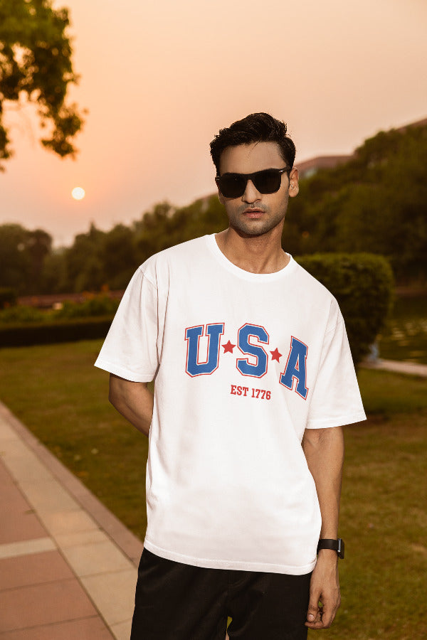 Мъжка тениска Oversize USA бяла — 100% памук, размери S-XXL | SatModa