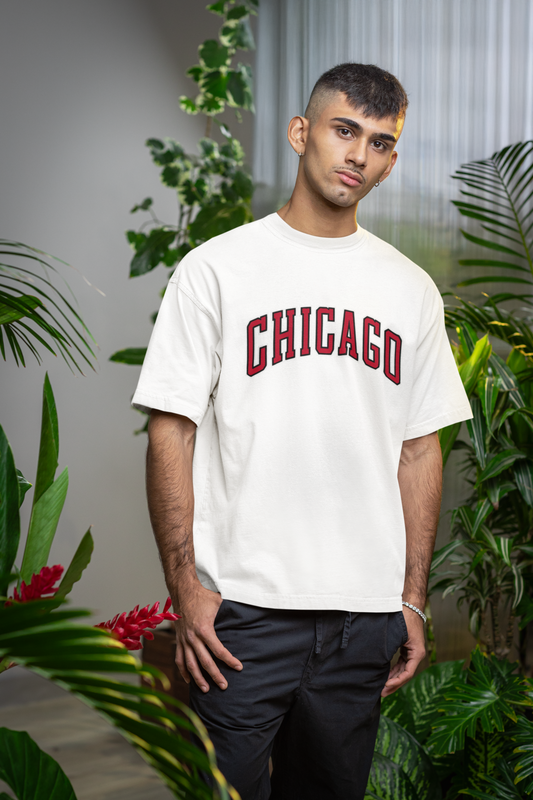 Мъжка тениска Oversize CHICAGO бяла — 100% памук, размери S-XXL | SatModa