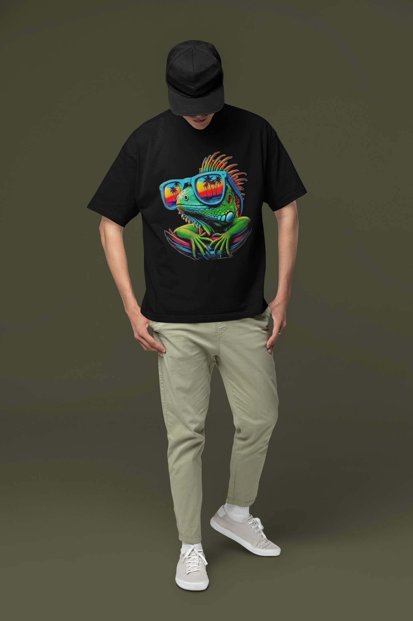 Мъжка тениска Oversize Colorful Chameleon - Черна