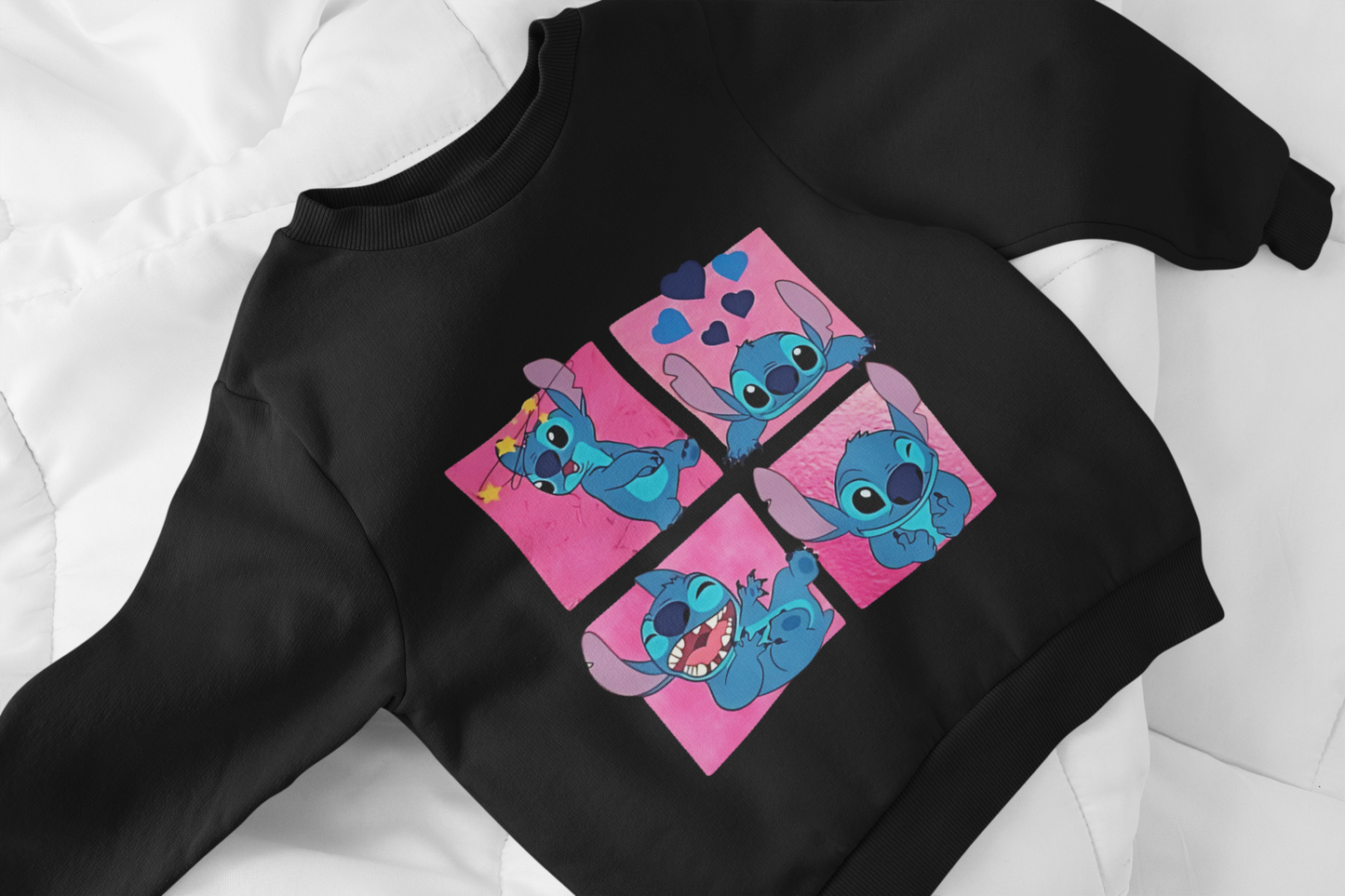 Ватирана детска блуза Stitch Faces черна | SatModa
