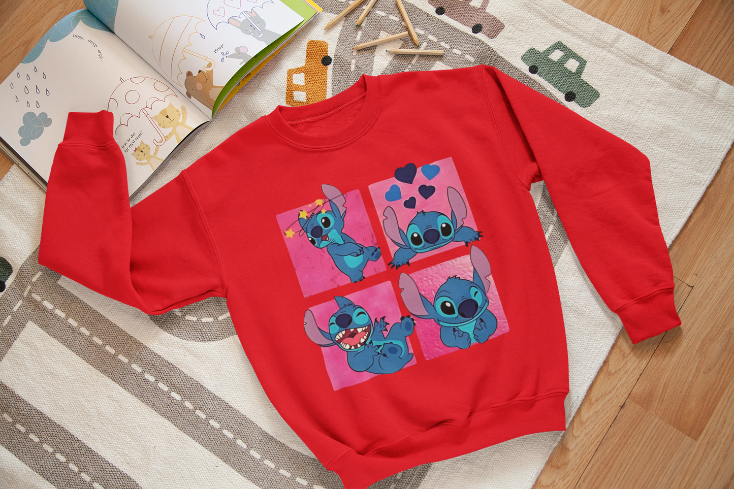 Ватирана детска блуза Stitch Faces червена | SatModa
