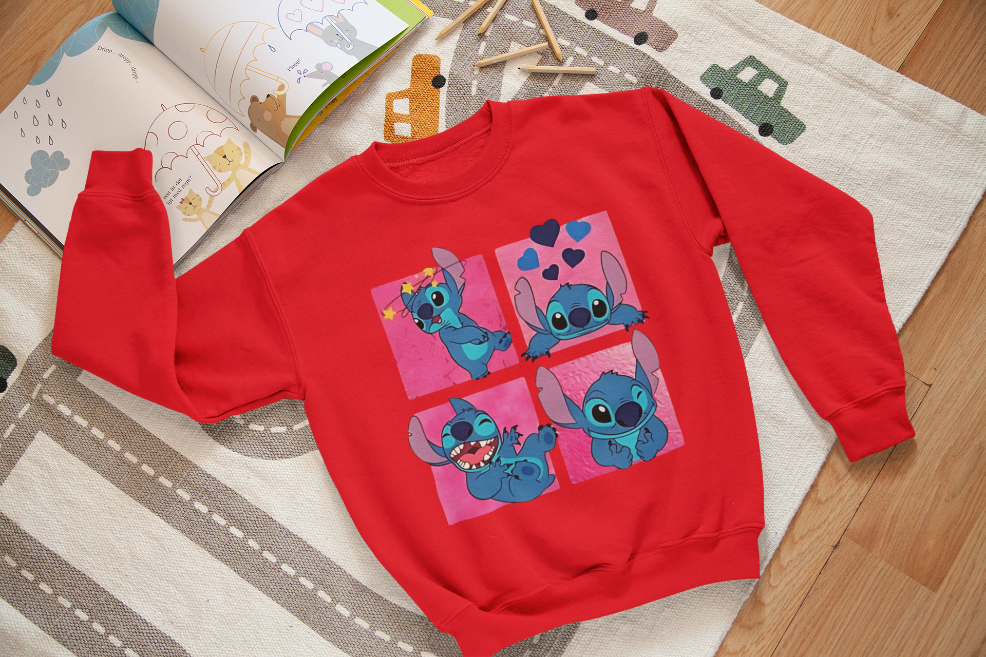 Ватирана детска блуза Stitch Faces червена | SatModa