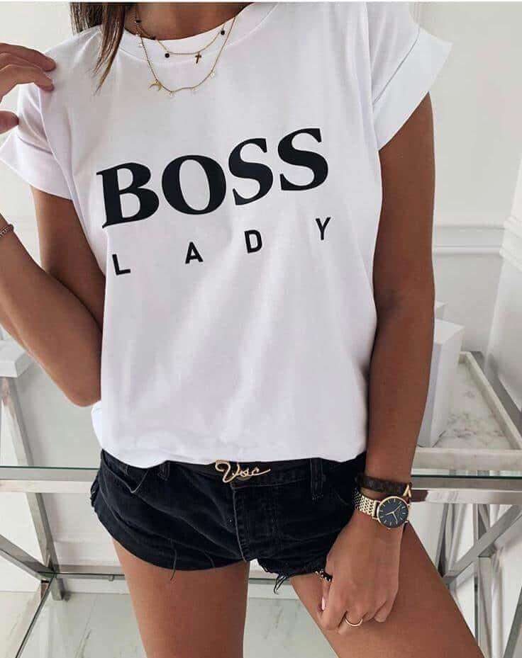 Дамска тениска Lady Boss — бяла, 100% памук, размери XS-XXL | SatModa