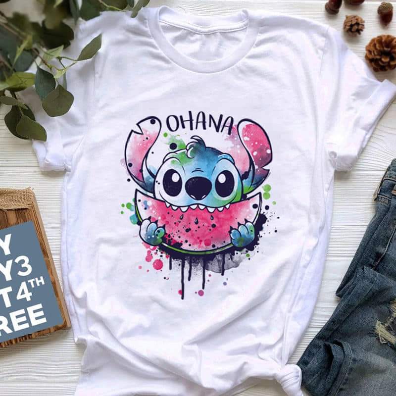 Дамска тениска Stitch ohana бяла — свободна кройка | SatModa