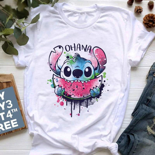 Дамска тениска Stitch ohana бяла — свободна кройка | SatModa