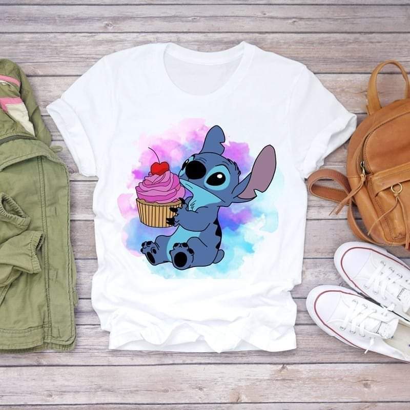 Дамска тениска Stitch cupcake бяла — свободна кройка | SatModa