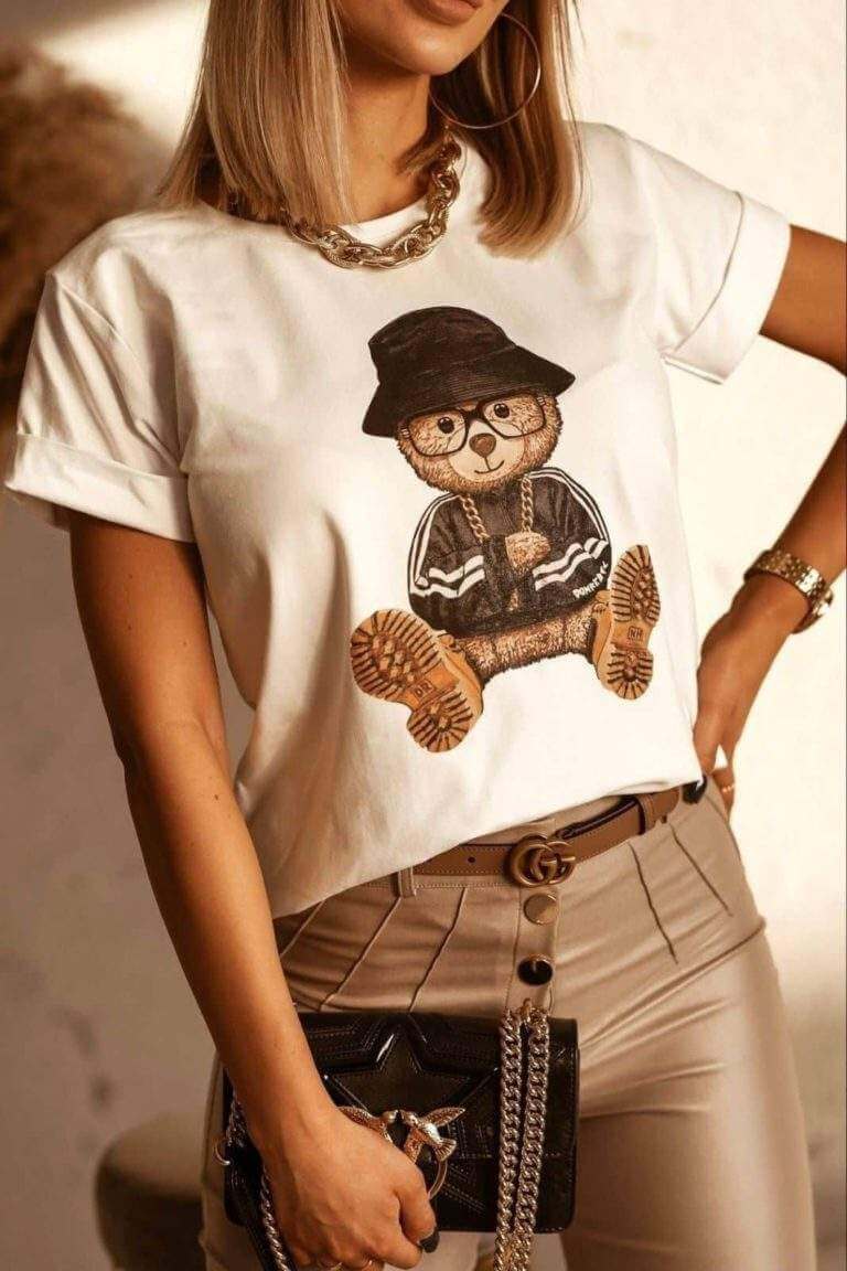 Дамска тениска Teddy Bear бяла — свободна кройка | SatModa
