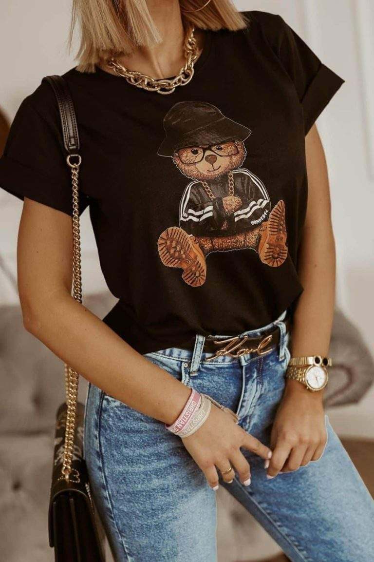 Дамска тениска Teddy Bear черна  — свободна кройка | SatModa