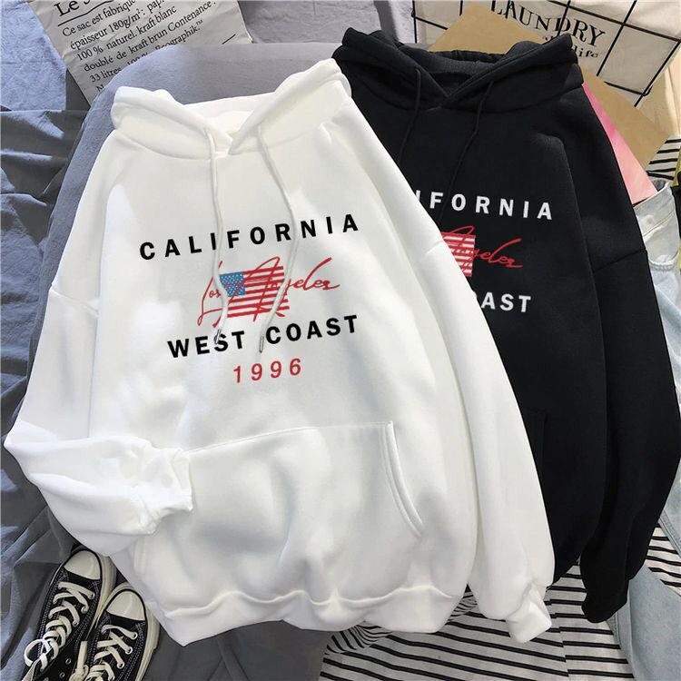 Дамски суичър California — бял,черен, 100% памук, качулка | SatModa
