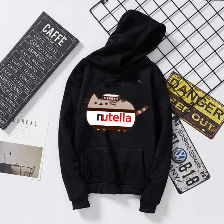 Дамски суичър Cat&Nutella — черно, 100% памук, качулка | SatModa
