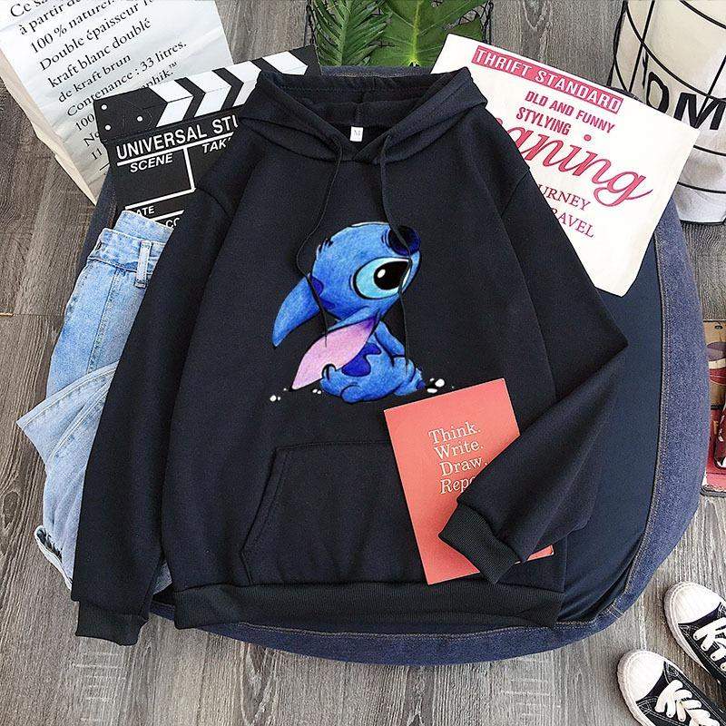 Дамски суичър Cute Stitch — черно, 100% памук, качулка | SatModa
