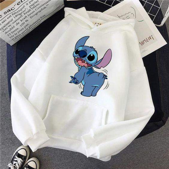 Дамски суичър Happy Stitch — бяло, 100% памук, качулка | SatModa
