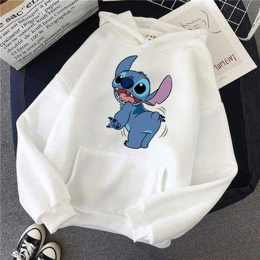 Дамски суичър Happy Stitch — бяло, 100% памук, качулка | SatModa
