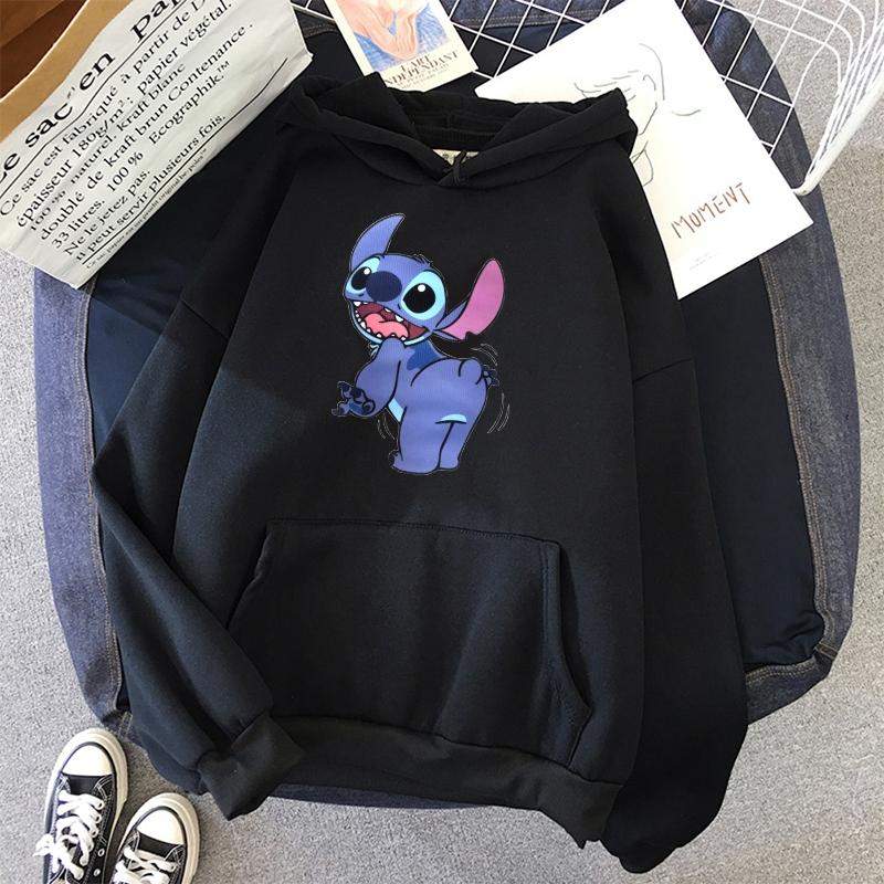 Дамски суичър Happy Stitch — черно, 100% памук, качулка | SatModa
