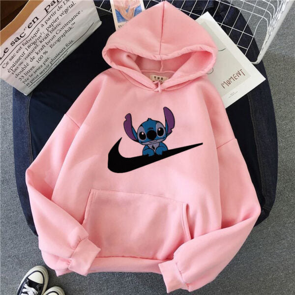 Дамски суичър N Stitch — розово, 100% памук, качулка | SatModa
