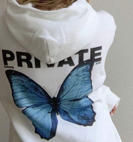 Дамски суичър Private — бяло, 100% памук, качулка | SatModa
